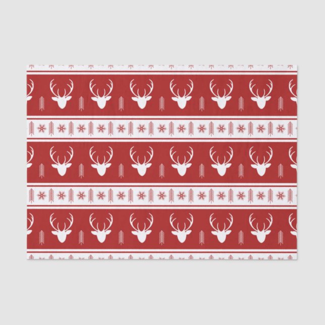 Papel De Seda Boho Red White Reindeer Snowflake Natal (Frente )