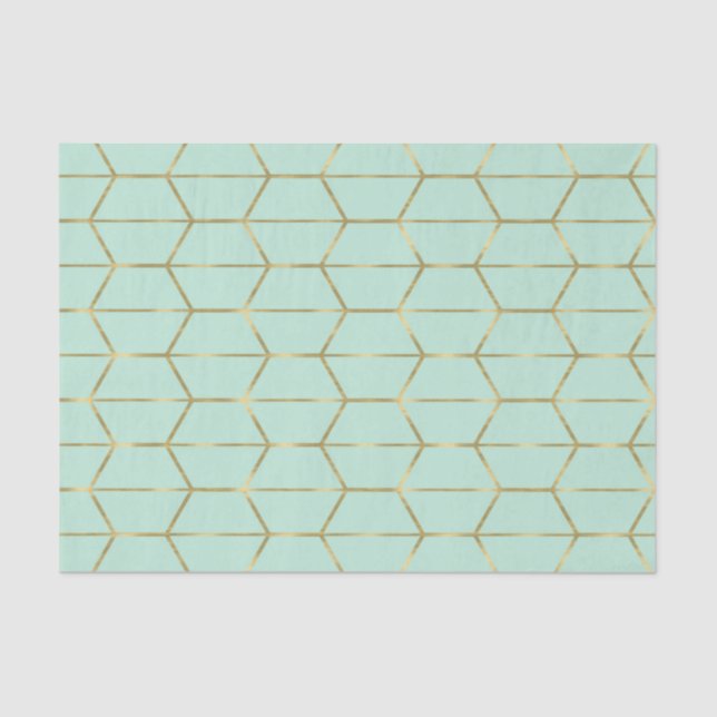 Papel De Seda Boho Verde Menta Hexágono Dourado Geométrico Doce  (Frente )