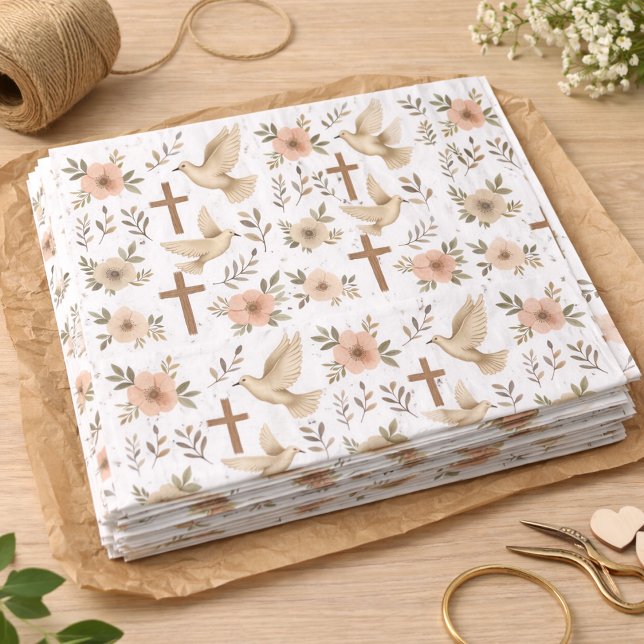 Papel De Seda Boho Wooden Cross Dove Floral Patterno Christian (Criador carregado)