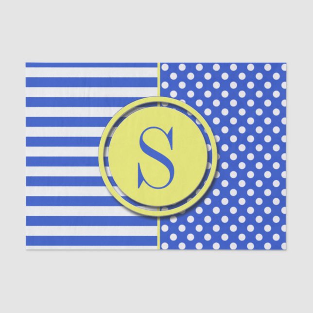 Papel De Seda Bolinhas azuis reais e Stripes-Monograma (Frente )