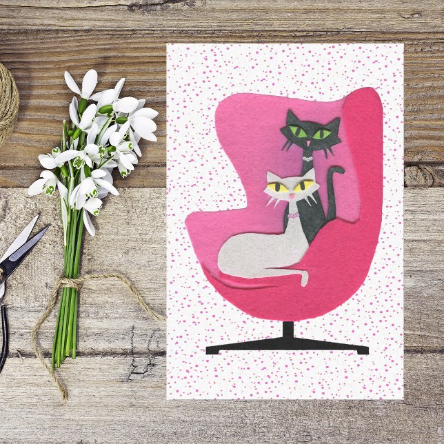 Papel De Seda Bolinhas bonito de Cats de Meio século Rosa (Mid century style cats in pink chair with pink polka dots on white tissue paper.)