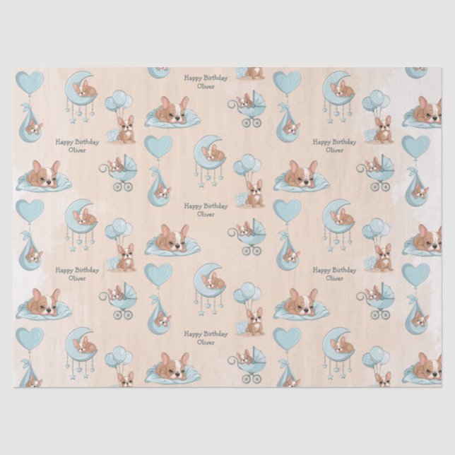 Papel De Seda Bolo de Aniversário do Bebê Azul Bonito Bulldog Fr (Frente )