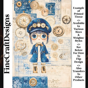 Papel De Seda Boneca Aquarela Steampunk Fofa, Decoupage Azul BH8