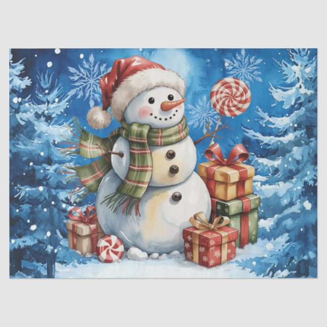 Papel De Seda Boneco de Neve Azul de Inverno & Presentes de Nata (Frente )