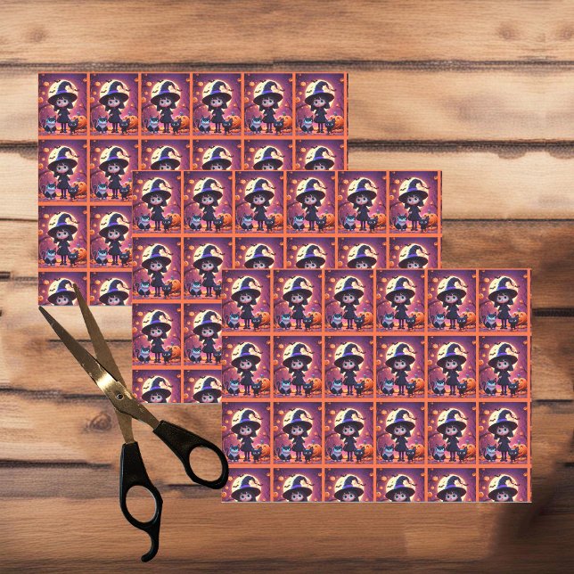 Papel De Seda Bonita bruxa com gatos e abóboras, Halloween (Criador carregado)