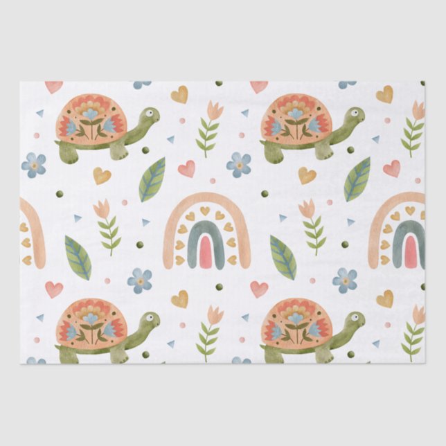 Papel De Seda Bonito Aquarela Tartaruga e Padrão Arco-Íris (Frente )