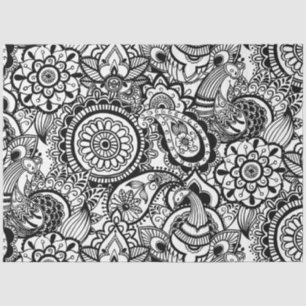 Papel De Seda Bonito floral paisley preto branco