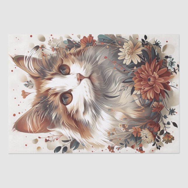 Papel De Seda Bonito gato com flores (Frente )