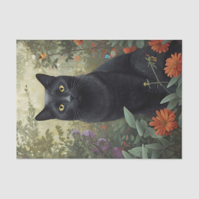 Papel De Seda Bonito Gato Preto Floral (Frente )