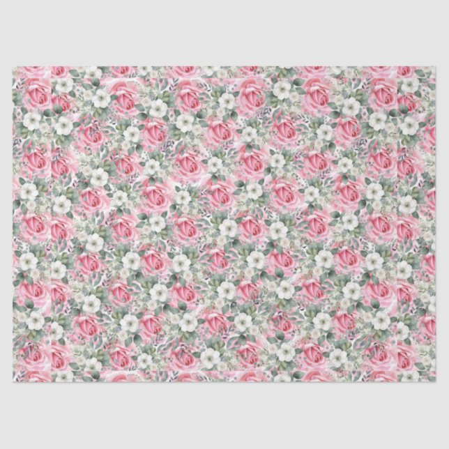 Papel De Seda Bonito Pastel Blush Roses Rosa e Eucalyptus (Frente )