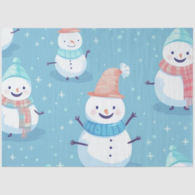 Papel De Seda Bonito Snowmen Snowflakes Ice Azul Natal (Frente )