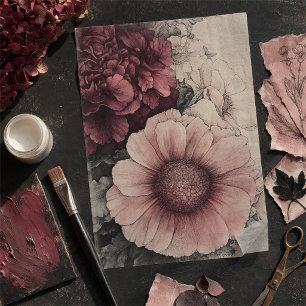 Papel De Seda Bonito Vintage Floral Watercolor em Decoupage Rosa