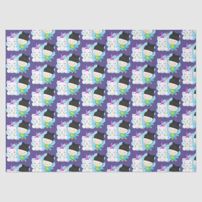 Papel De Seda Bons amigos da Cartoon - Feliz Unicórnio e Pássaro (Frente )