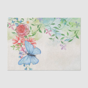 Papel De Seda Borboleta Azul De Aquarela Entre Flores De Mola