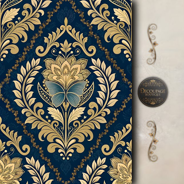 Papel De Seda Borboleta Damasco Decoupage Azul Dourado (Blue Gold Butterfly Damask Decoupage Tissue Paper)
