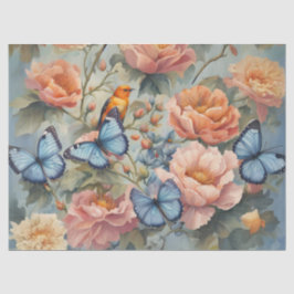 Papel De Seda Borboletas azuis e pássaros em um Jardim Flor