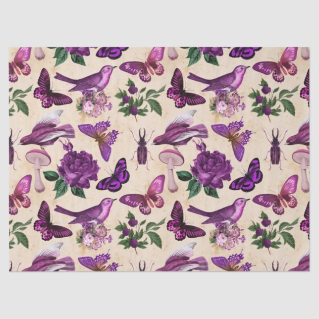 Papel De Seda Borboletas de pássaros e cogumelos (Frente )