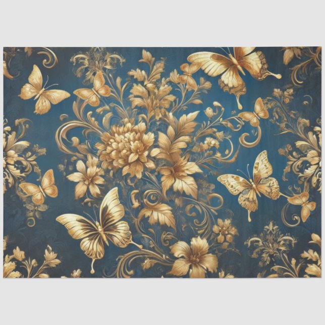 Papel De Seda Borboletas Douradas no Jardim de Flores Decoupage (Frente )