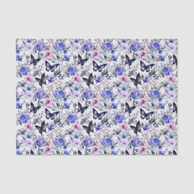 Papel De Seda Borboletas E Flores Azuis (Frente )