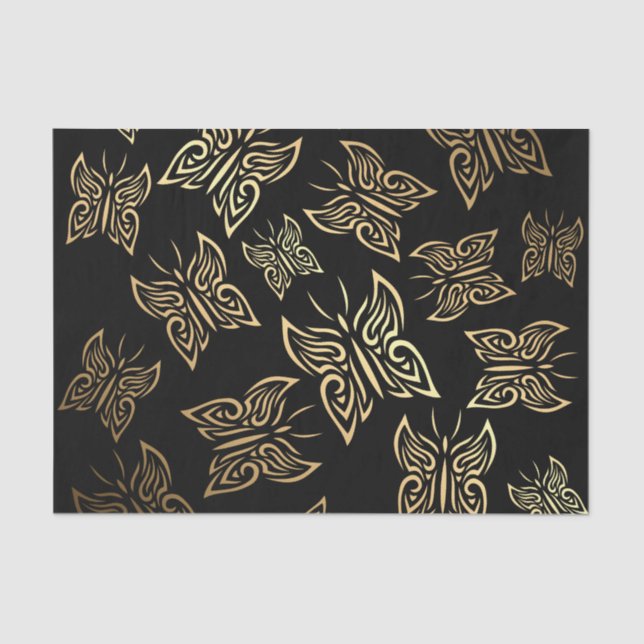 Papel De Seda Borboletas Padrão Dourado Preto (Frente )