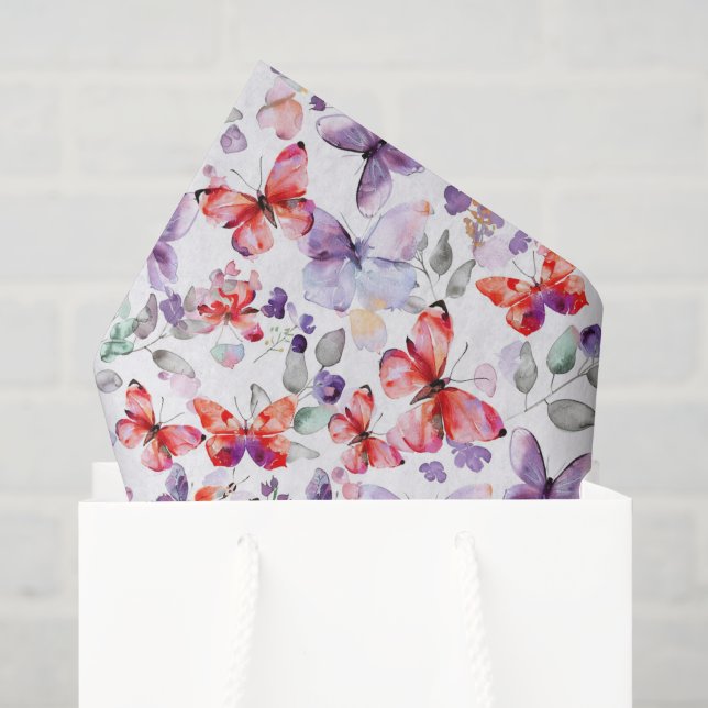 Papel De Seda Borboletas Roxas Vermelhas Aniversário (Sacola de presentes)