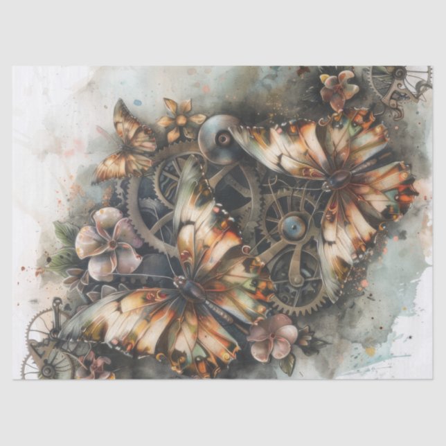 Papel De Seda Borboletas Steampunk Flores e Engrenagens Decoupag (Frente )