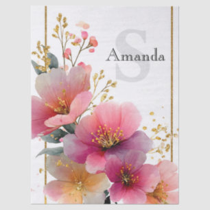 Papel De Seda Borda Floral Cor de Água Elegante Rosa com Dourado