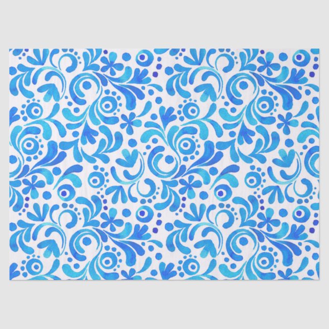Papel De Seda Botânica Vibrante Azul e Branco (Frente )