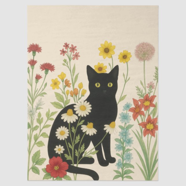 Papel De Seda Botanical Nature – Black Cat in Wildflower Garden (Frente )