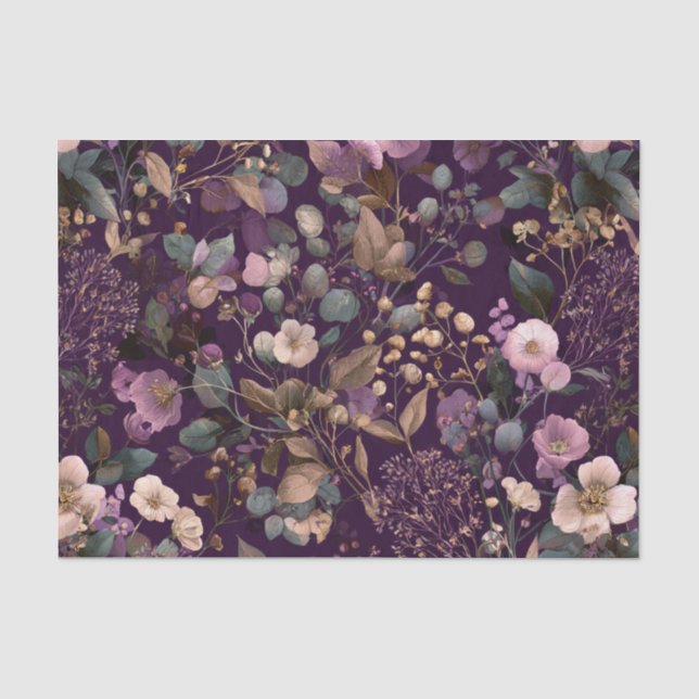 Papel De Seda Botânico Floral Boho Ousado Roxo Rústico (Frente )