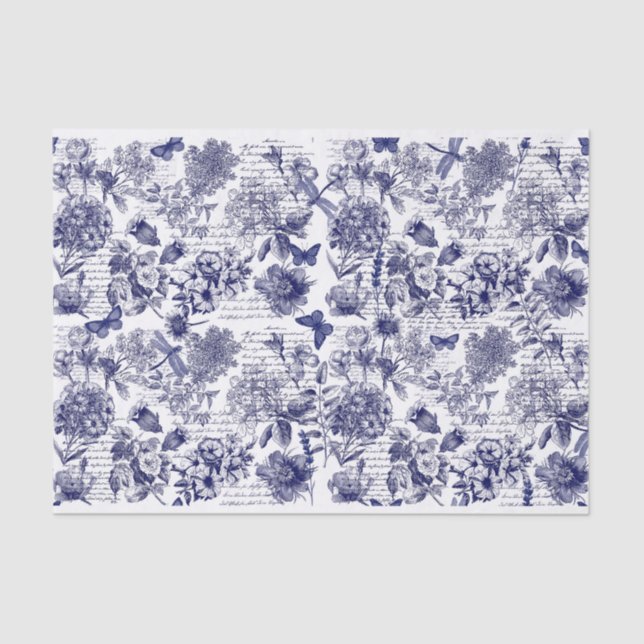 Papel De Seda Botânicos em azul com decoupage de script (Frente )