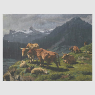Papel De Seda Bovinos e Ovinos numa Paisagem Alpina
