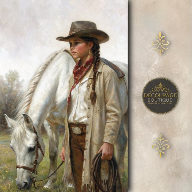 Papel De Seda Braided Cowgirl With White Horse Decoupage (Braided Cowgirl With White Horse Decoupage Tissue Paper)