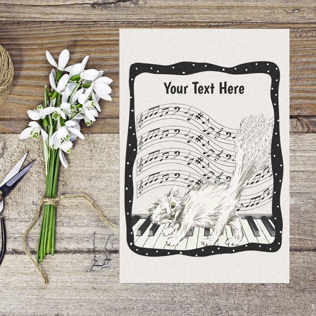 Papel De Seda Brancos Piscando Dançar no Quadro Preto Piano (Smiling white cat on piano keys in black frame bars of music notes on black and white tissue paper.)