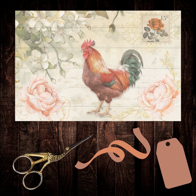 Papel De Seda Brick Red Green Rooster Farmhouse Chic com Rosas (Criador carregado)