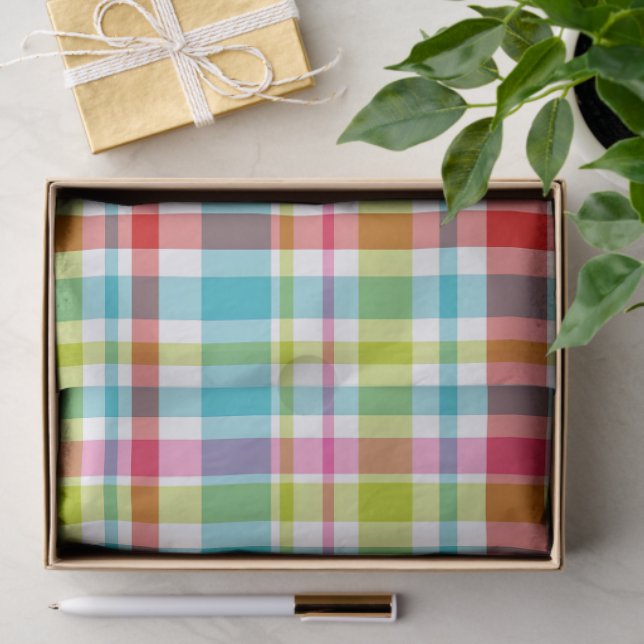 Papel De Seda Bright Rainbow Plaid Checkered Pattern (Presente)