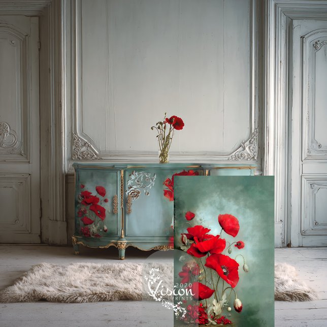 Papel De Seda Bright Red Poppies Turquoise Teal (Vibrant Poppies, Botanical Art, Red and turquoise teal, long stem flowers decoupage tissue paper.)