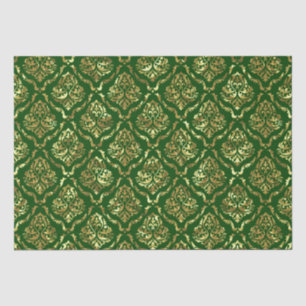 Papel De Seda Brilhante, Dourado Damasco Floral Em Verde
