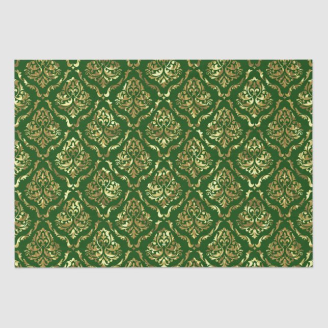 Papel De Seda Brilhante, Dourado Damasco Floral Em Verde (Frente )