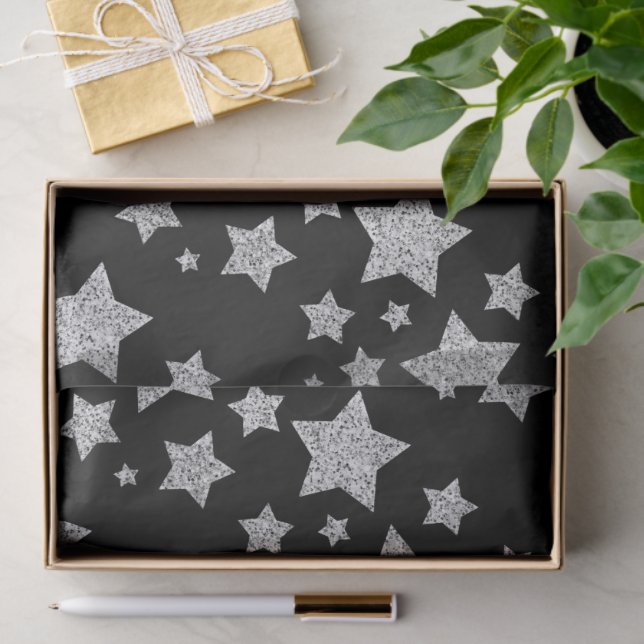 Papel De Seda Brilhante prateado brilha Estrelas padrão preto (Presente)