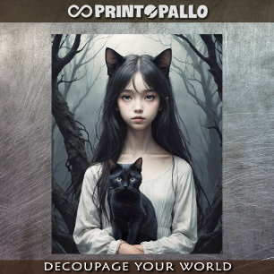 Papel De Seda Bruxa Asiática Peluda com gato preto