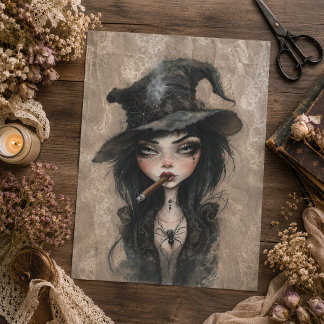 Papel De Seda Bruxa Gótica Fumando Charuto Decoupage de Hallowee