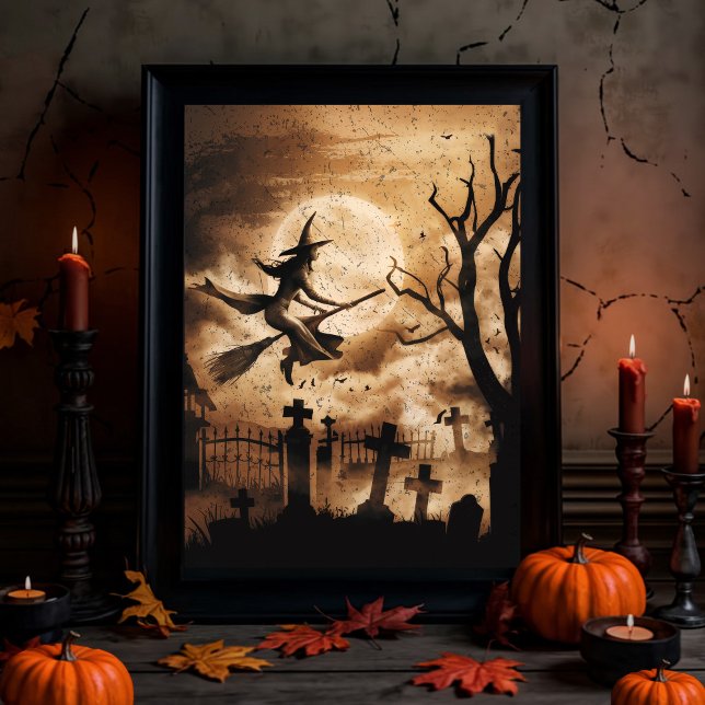 Papel De Seda Bruxa Spooky do Halloween voando através de uma lu (Criador carregado)