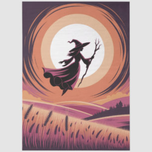 Papel De Seda Bruxa Spooky do Halloween voando através de uma lu