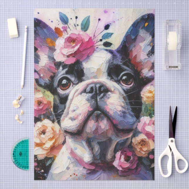 Papel De Seda Buldogue Francês com Rosas Dissociação Floral (Arte )