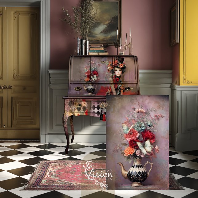 Papel De Seda Bule de Chá Floral Harlequin Elegant Hatter (Decoupage sheet leaning against vintage secretary desk on checkerboard floor with pink Persian rug)