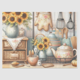 Papel De Seda Bules de Chá Retrô e Cozinha de Girassóis Aquarela