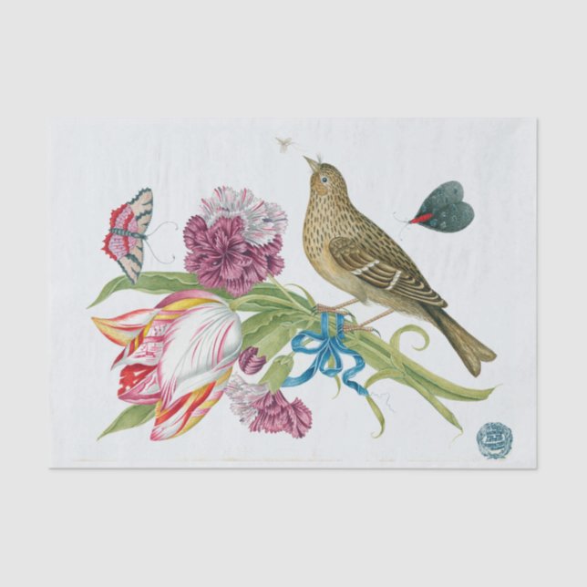 Papel De Seda Buquê antigo da tulipa com pássaro (Frente )