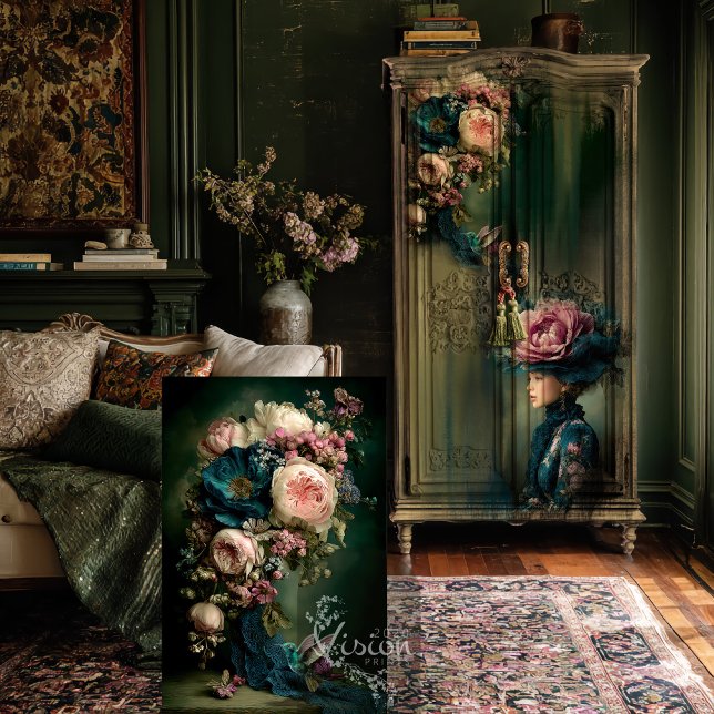 Papel De Seda Buquê de Fantasia Hummingbird e Floral (Hummingbird & Bouquet Floral, Emerald Green and Pink Decoupage Tissue Paper)