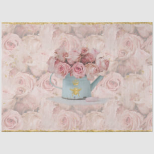 Papel De Seda Buquê de Rosas Rosa Dourada, Folha Azul de Coroa d